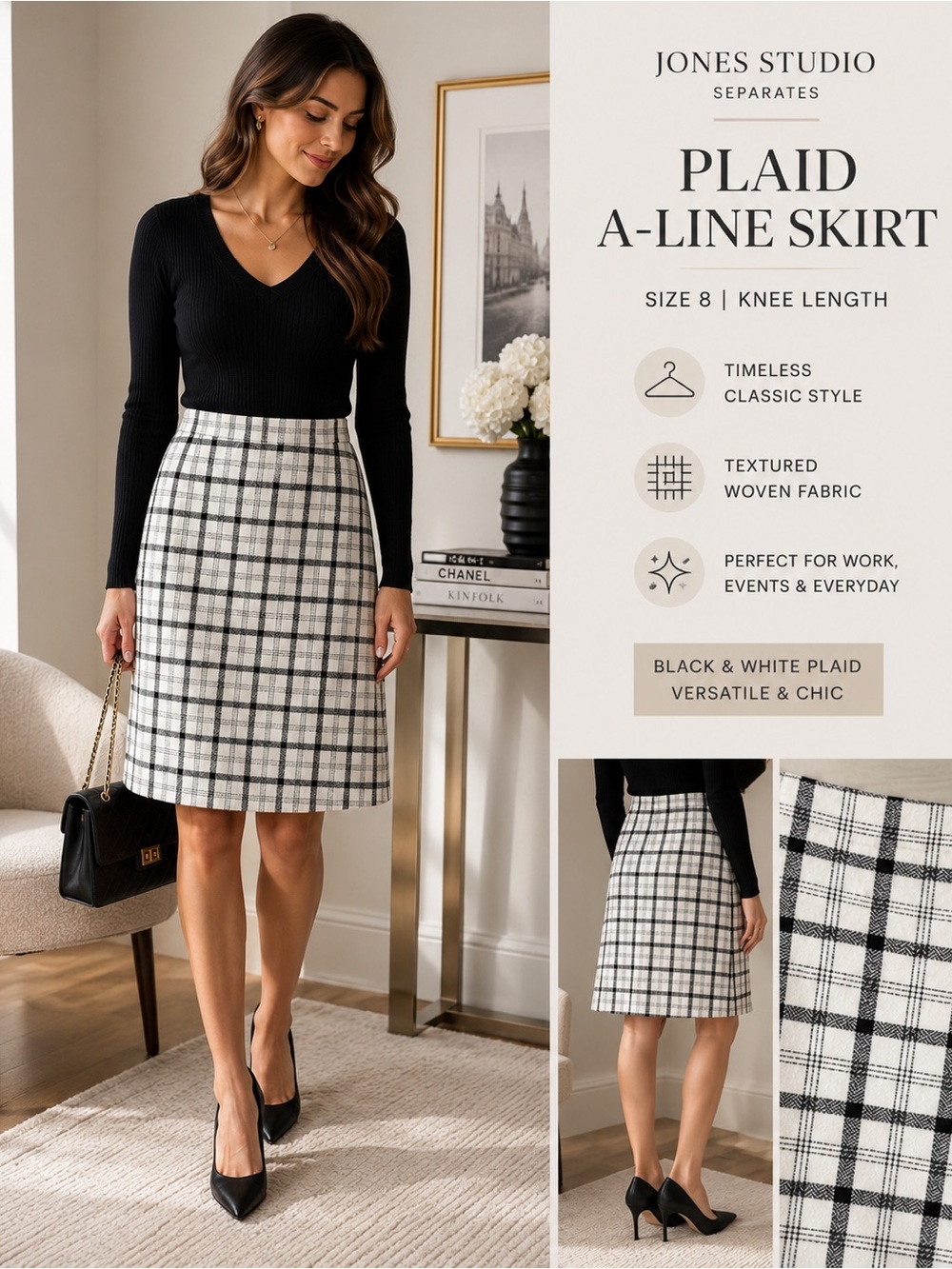 Jones Studio Plaid A-Line Skirt Size 8 Black White Knee Length Classic